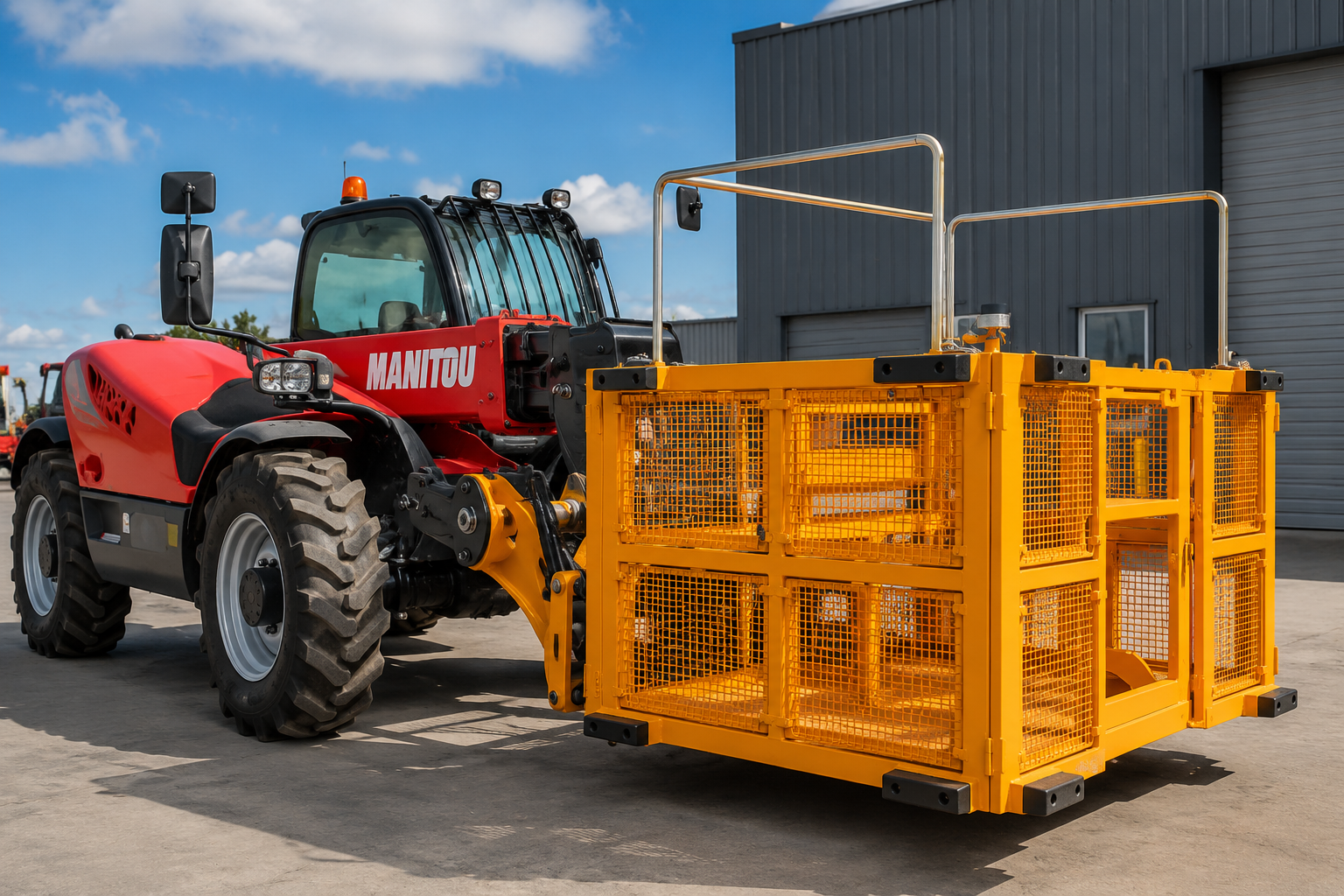 Canastilla amarilla montada en equipo Manitou telehandler